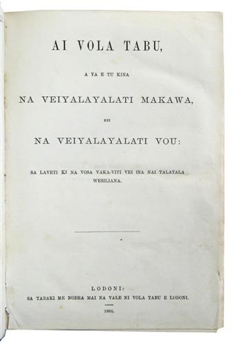 BIBLE IN FIJIAN.  Ai Vola Tabu, a ya e tu kina na Veiyalayalati Makawa, kei na Veiyalayalati Vou. 1884.  In custom wood casket.